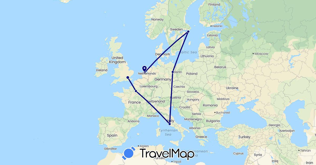 TravelMap itinerary: driving in Germany, France, United Kingdom, Italy, Netherlands, Sweden (Europe)