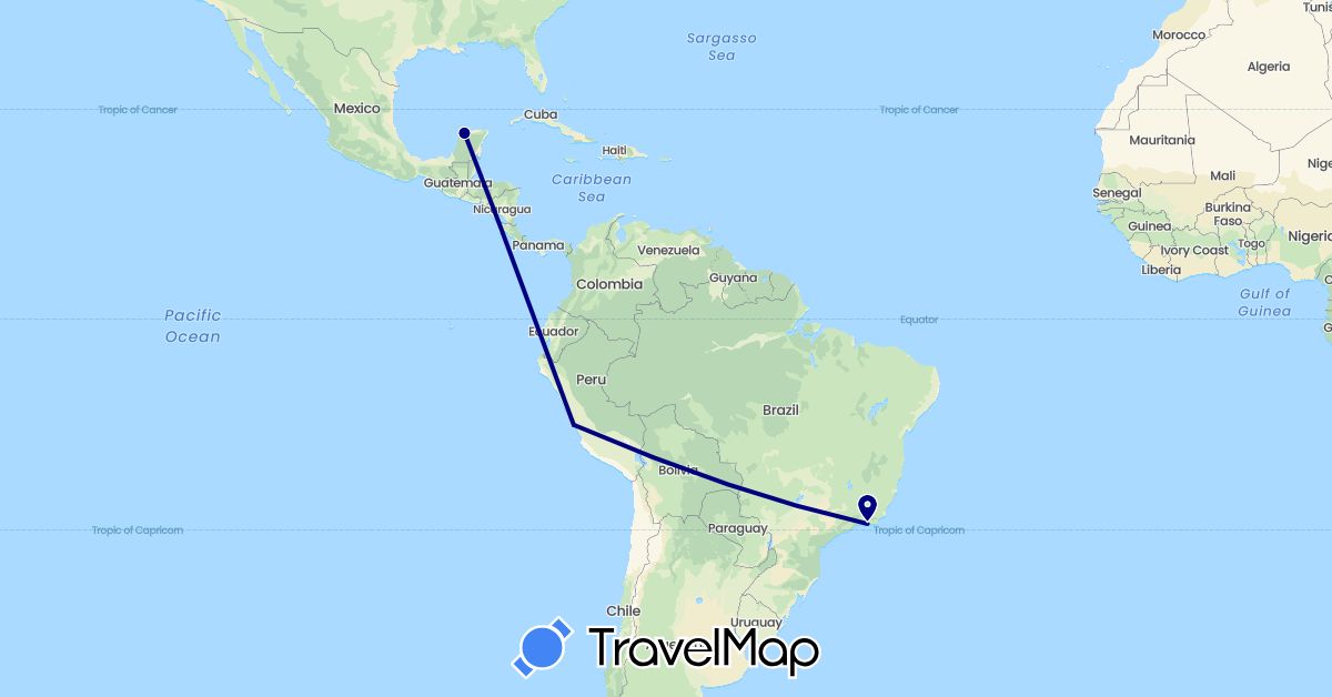 TravelMap itinerary: driving in Brazil, Mexico, Peru (North America, South America)