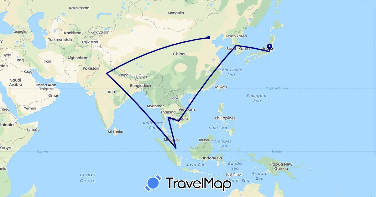 TravelMap itinerary: driving in China, India, Japan, Cambodia, South Korea, Singapore, Thailand (Asia)